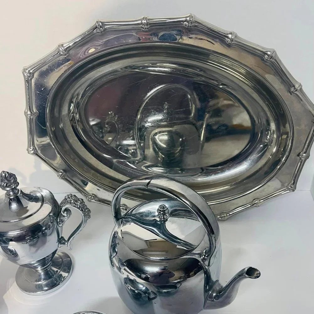 Silverplated ~stainless steel pieces. Tray, Teapot, 2 Sugar Bowls, 2 Creamers ~